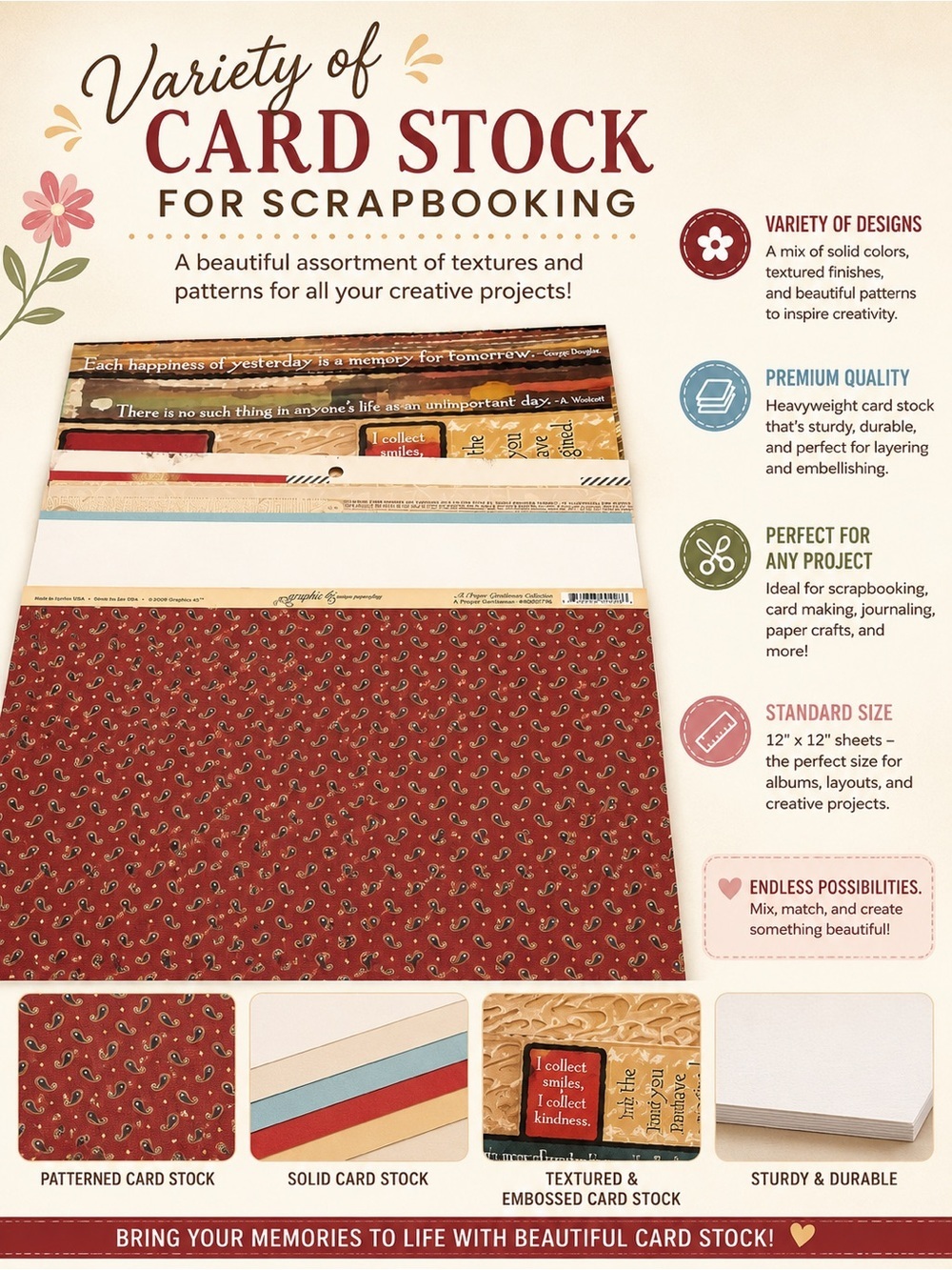 Variety of Card Stock for Scrapbooking - Red & Cream Pack